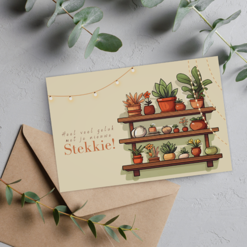 Wenskaart voor een nieuwe woning met illustratie van planken en planten, met de tekst 'Heel veel geluk met je nieuwe stekkie'.