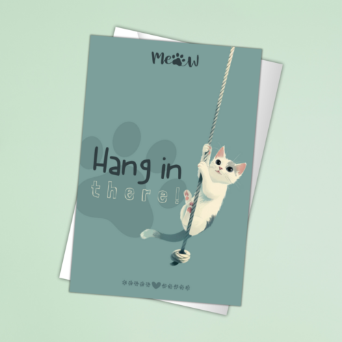 Opbeurende Wenskaart met Hangende Kat Illustratie